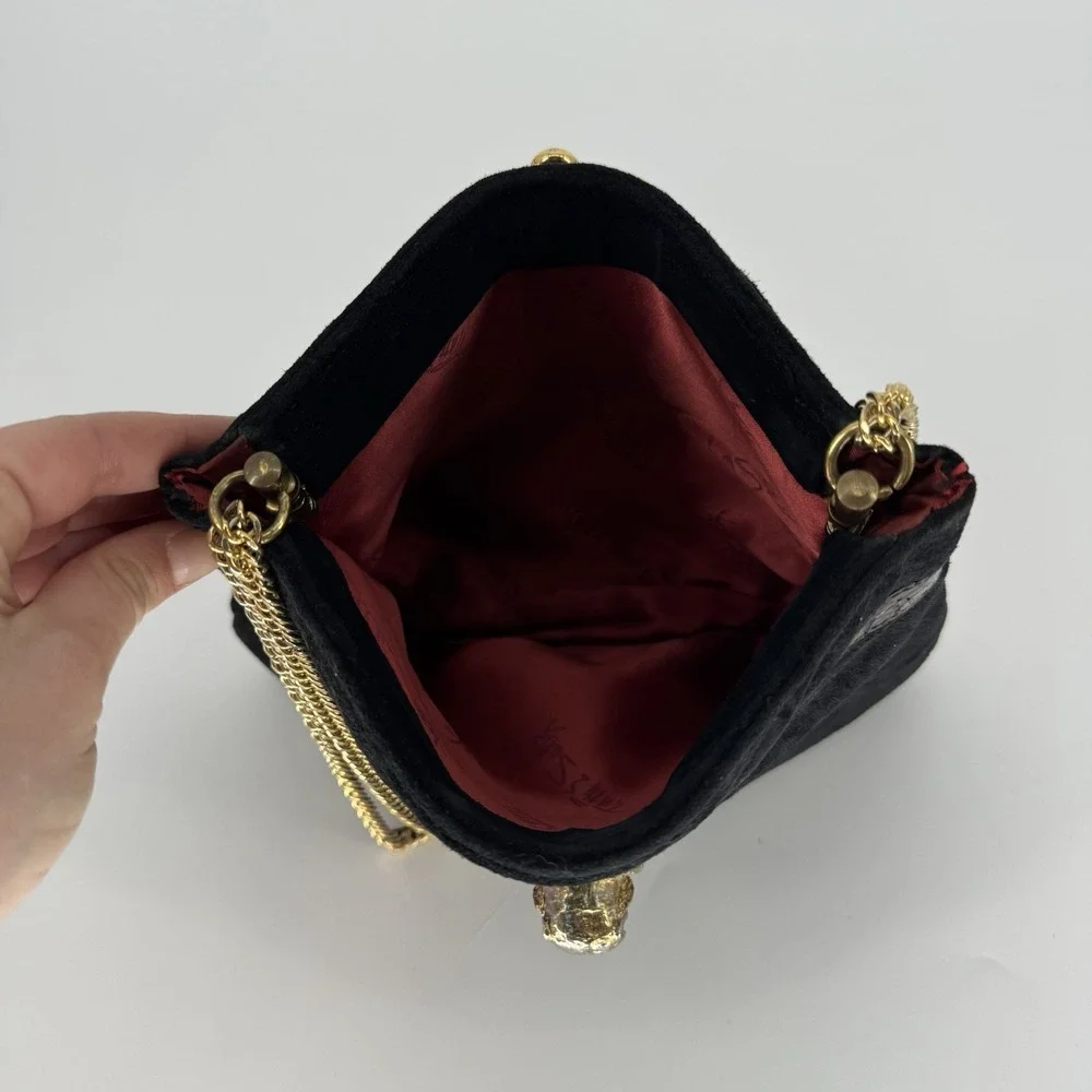 Vintage Ruth Saltz Handbag Purse Suede‎ Snake Print Trim Black Cougar Chain
